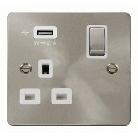 Flat Plate Satin / Brushed Chrome 1 Gang 13A DP Ingot 1 USB Switched Plug Socket - White Trim - SE Home