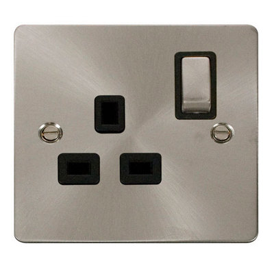 Flat Plate Satin / Brushed Chrome 1 Gang 13A DP Ingot Switched Plug Socket - Black Trim - SE Home