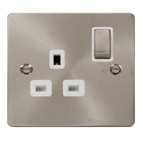 Flat Plate Satin / Brushed Chrome 1 Gang 13A DP Ingot Switched Plug Socket - White Trim - SE Home