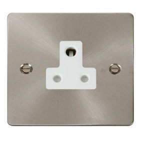 Flat Plate Satin / Brushed Chrome 1 Gang 5A Round Pin Socket - White Trim - SE Home