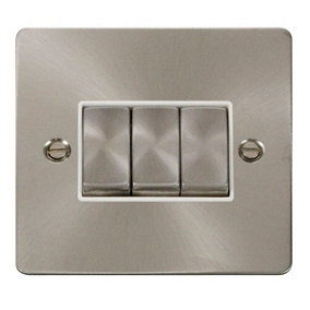 Flat Plate Satin / Brushed Chrome 10A 3 Gang 2 Way Ingot Light Switch - White Trim - SE Home
