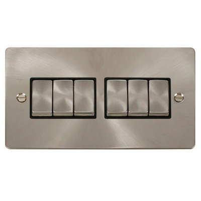 Flat Plate Satin / Brushed Chrome 10A 6 Gang 2 Way Ingot Light Switch - Black Trim - SE Home