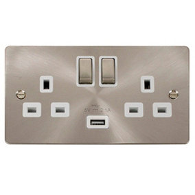Flat Plate Satin / Brushed Chrome 2 Gang 13A DP Ingot 1 USB Twin Double Switched Plug Socket - White Trim - SE Home