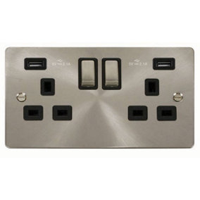 Flat Plate Satin / Brushed Chrome 2 Gang 13A DP Ingot 2 USB Twin Double Switched Plug Socket - Black Trim - SE Home