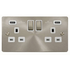 Flat Plate Satin / Brushed Chrome 2 Gang 13A DP Ingot 2 USB Twin Double Switched Plug Socket - White Trim - SE Home