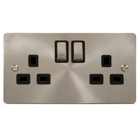 Flat Plate Satin / Brushed Chrome 2 Gang 13A DP Ingot Twin Double Switched Plug Socket - Black Trim - SE Home