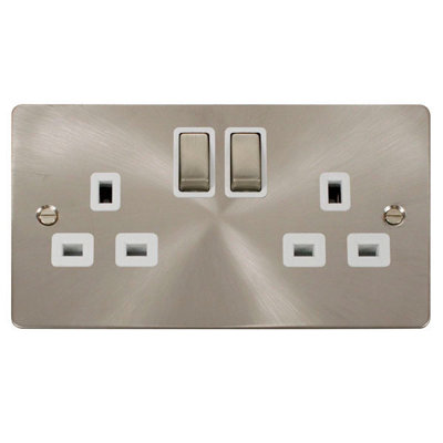 Flat Plate Satin / Brushed Chrome 2 Gang 13A DP Ingot Twin Double Switched Plug Socket - White Trim - SE Home