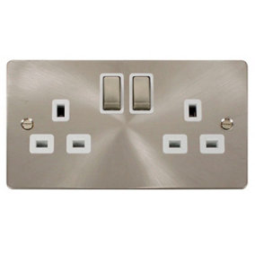 Flat Plate Satin / Brushed Chrome 2 Gang 13A DP Ingot Twin Double Switched Plug Socket - White Trim - SE Home