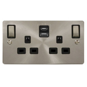 Flat Plate Satin / Brushed Chrome 2 Gang 13A DP Ingot Type A & C USB Twin Double Switched Plug Socket - Black Trim - SE Home