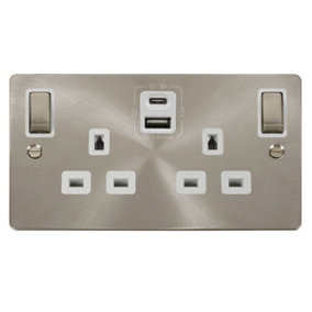 Flat Plate Satin / Brushed Chrome 2 Gang 13A DP Ingot Type A & C USB Twin Double Switched Plug Socket - White Trim - SE Home