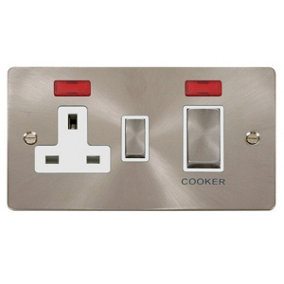 Flat Plate Satin / Brushed Chrome Cooker Control Ingot 45A With 13A Switched Plug Socket & 2 Neons - White Trim - SE Home