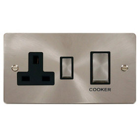 Flat Plate Satin / Brushed Chrome Cooker Control Ingot 45A With 13A Switched Plug Socket - Black Trim - SE Home