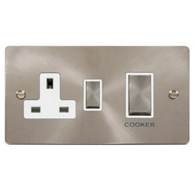 Flat Plate Satin / Brushed Chrome Cooker Control Ingot 45A With 13A Switched Plug Socket - White Trim - SE Home