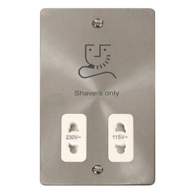 Flat Plate Satin / Brushed Chrome Shaver Socket 115v/230v - White Trim - SE Home