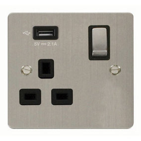 Flat Plate Stainless Steel 1 Gang 13A DP Ingot 1 USB Switched Plug Socket - Black Trim - SE Home