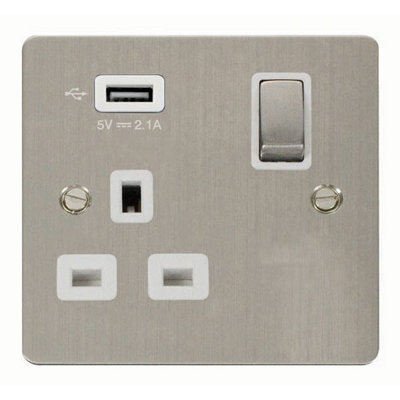 Flat Plate Stainless Steel 1 Gang 13A DP Ingot 1 USB Switched Plug Socket - White Trim - SE Home