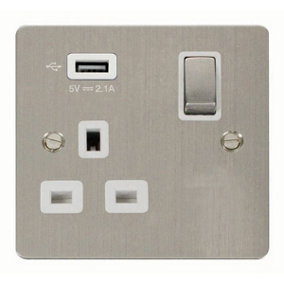 Flat Plate Stainless Steel 1 Gang 13A DP Ingot 1 USB Switched Plug Socket - White Trim - SE Home
