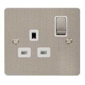 Flat Plate Stainless Steel 1 Gang 13A DP Ingot Switched Plug Socket - White Trim - SE Home