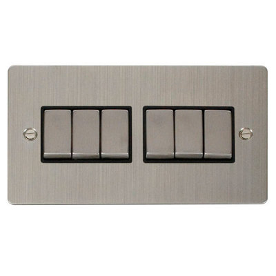 Flat Plate Stainless Steel 10A 6 Gang 2 Way Ingot Light Switch - Black Trim - SE Home