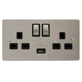 Flat Plate Stainless Steel 2 Gang 13A DP Ingot 1 USB Twin Double Switched Plug Socket - Black Trim - SE Home