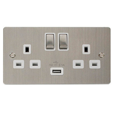 Flat Plate Stainless Steel 2 Gang 13A DP Ingot 1 USB Twin Double Switched Plug Socket - White Trim - SE Home