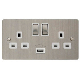 Flat Plate Stainless Steel 2 Gang 13A DP Ingot 1 USB Twin Double Switched Plug Socket - White Trim - SE Home