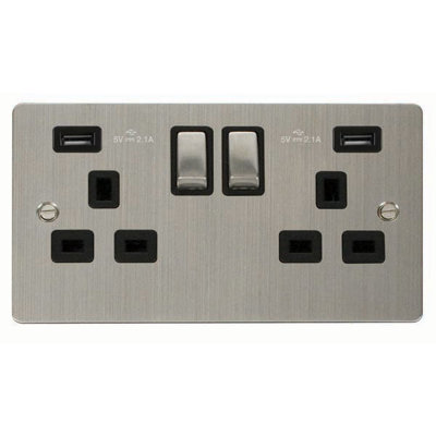 Flat Plate Stainless Steel 2 Gang 13A DP Ingot 2 USB Twin Double Switched Plug Socket - Black Trim - SE Home Price Comparisons | Compare The Build