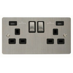 Flat Plate Stainless Steel 2 Gang 13A DP Ingot 2 USB Twin Double Switched Plug Socket - Black Trim - SE Home