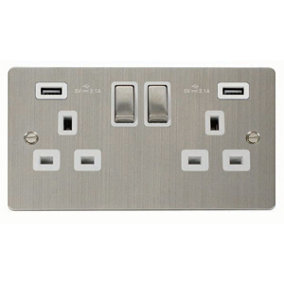 Flat Plate Stainless Steel 2 Gang 13A DP Ingot 2 USB Twin Double Switched Plug Socket - White Trim - SE Home
