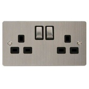 Flat Plate Stainless Steel 2 Gang 13A DP Ingot Twin Double Switched Plug Socket - Black Trim - SE Home