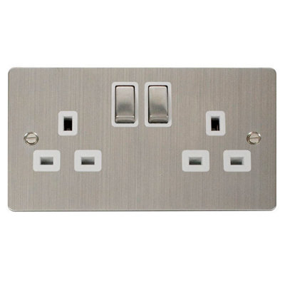 Flat Plate Stainless Steel 2 Gang 13A DP Ingot Twin Double Switched Plug Socket - White Trim - SE Home