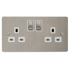 Flat Plate Stainless Steel 2 Gang 13A DP Ingot Twin Double Switched Plug Socket - White Trim - SE Home