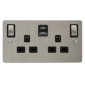 Flat Plate Stainless Steel 2 Gang 13A DP Ingot Type A & C USB Twin Double Switched Plug Socket - Black Trim - SE Home