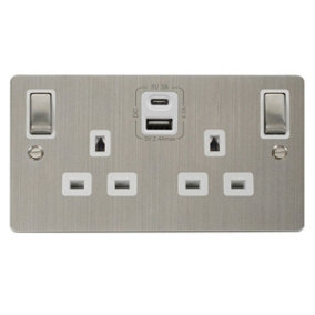 Flat Plate Stainless Steel 2 Gang 13A DP Ingot Type A & C USB Twin Double Switched Plug Socket - White Trim - SE Home