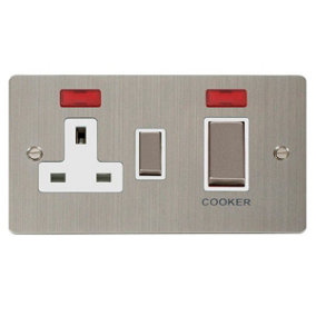 Flat Plate Stainless Steel Cooker Control Ingot 45A With 13A Switched Plug Socket & 2 Neons - White Trim - SE Home