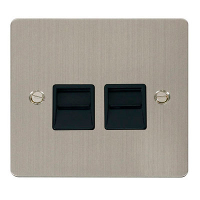 Flat Plate Stainless Steel Master Telephone Twin Socket - Black Trim - SE Home