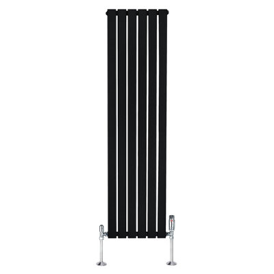 Flat Single Column Radiator 1600mm x 420mm TRV Chrome Valves - Black