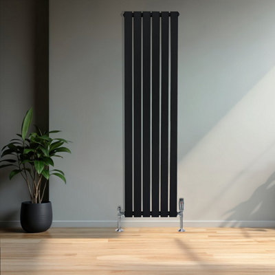 Flat Single Column Radiator 1600mm x 420mm TRV Chrome Valves - Black