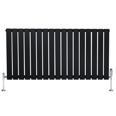 Flat Single Column Radiator 600mm x 1190mm & TRV Chrome Valves - Black