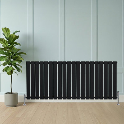 Flat Single Column Radiator 600mm x 1400mm & TRV Chrome Valves - Black