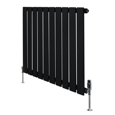 Flat Single Column Radiator 600mm x 700mm & TRV Chrome Valves - Black