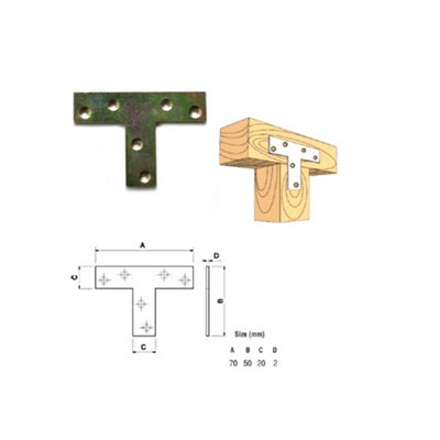 Flat T Shape Large Tee Repair Plate Bracket Mending Fixing Corner 70x50x20mm - Pack of 10
