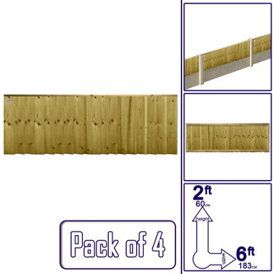 Flat Top Feather Edge Fence Panel (Pack of 4) Width: 6ft x Height: 2ft Vertical Closeboard Planks Fully Framed