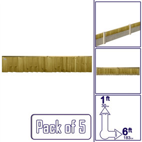 Flat Top Feather Edge Fence Panel (Pack of 5) Width: 6ft x Height: 1ft Vertical Closeboard Planks Fully Framed