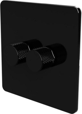 Flat Trailing Edge 2 Way  LED Dimmer Switch Rotary Push On/Off for Dimmable LED and Halogen Lights   - Black 2-Gang