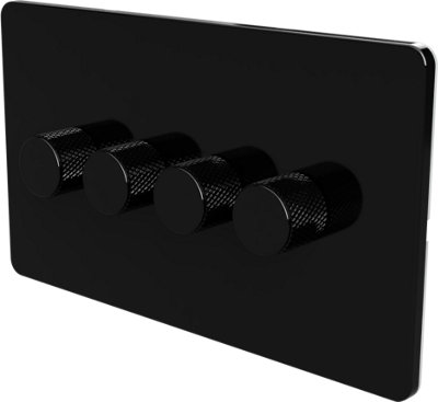 Flat Trailing Edge 2 Way  LED Dimmer Switch Rotary Push On/Off for Dimmable LED and Halogen Lights   - Black 4-Gang