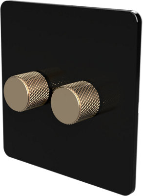 Flat Trailing Edge 2 Way  LED Dimmer Switch Rotary Push On/Off for Dimmable LED and Halogen Lights   - Black/Brass 2-Gang