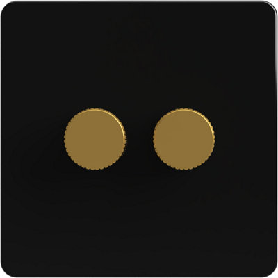 Flat Trailing Edge 2 Way  LED Dimmer Switch Rotary Push On/Off for Dimmable LED and Halogen Lights   - Black/Brass 2-Gang