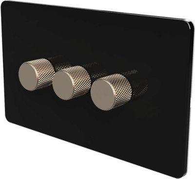 Flat Trailing Edge 2 Way  LED Dimmer Switch Rotary Push On/Off for Dimmable LED and Halogen Lights   - Black/Brass 3-Gang