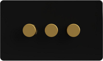 Flat Trailing Edge 2 Way  LED Dimmer Switch Rotary Push On/Off for Dimmable LED and Halogen Lights   - Black/Brass 3-Gang